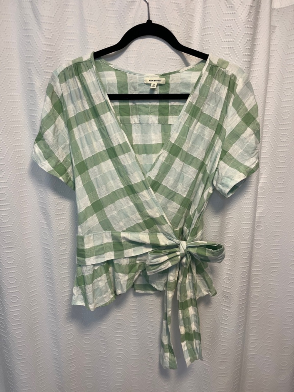 Max Studio Green & White Plaid Wrap Blouse